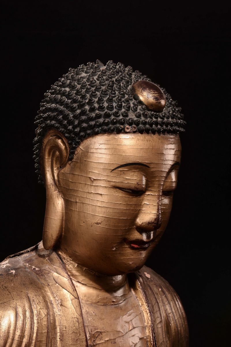 Importante Figura di Buddha in Legno Dorato, Cina,dinastia Yuan (1279-1368)
