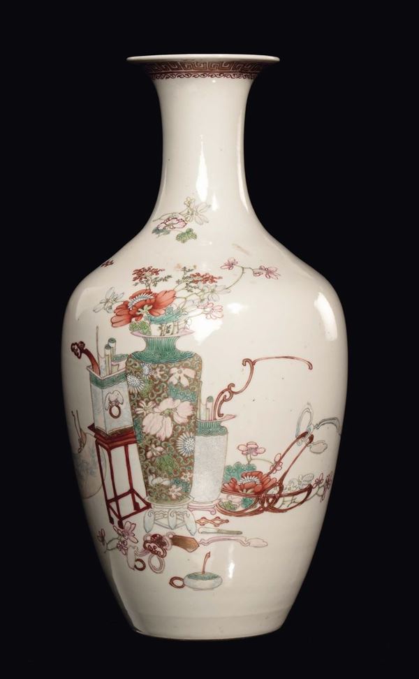 A Famille Rose porcelain vase with still-life and vase, China, Qing Dynasty, 19th century