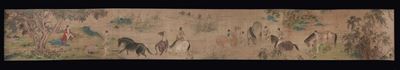 Grande Dipinto su Carta Raffigurante Uomini a Cavallo che Guadano un Fiume con Iscrizioni, Cina, ...