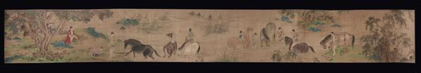 Grande dipinto su carta raffigurante uomini a cavallo che guadano un fiume con iscrizioni, Cina, Dinastia Qing, XIX secolo