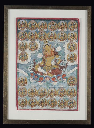 Tanka Incorniciato a Sfondo Verde con Numerose Divinità, Tibet, XIX Secolo