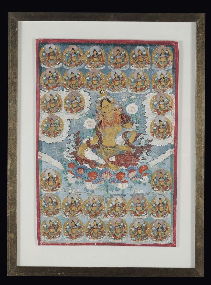 A framed tanka green-ground with numerous deities, Tibet, 19th century  - Auction Fine Chinese Works of Art - II - Cambi Casa d'Aste
