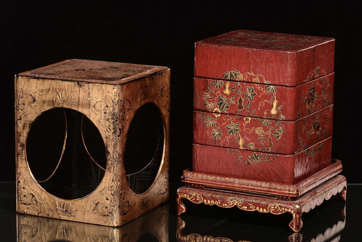 Raro Portavivande in Legno Laccato e Dorato, Cina, Dinastia Qing, Marca e del Periodo Qianlong (1...