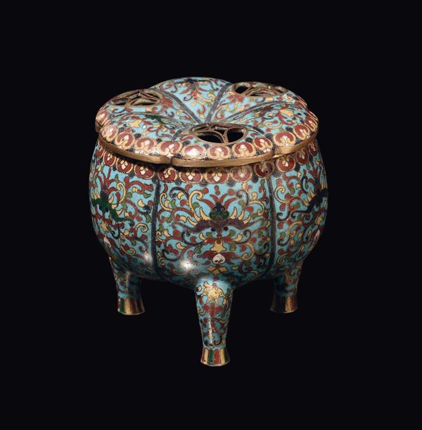 A cloisonné tripod censer and cover, China, Qing Dynasty, 19th century