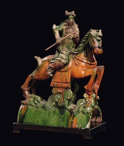 Terracotta Smaltata Sancai Raffigurante Guerriero a Cavallo, Cina, Dinastia Ming, Seconda Metà de...