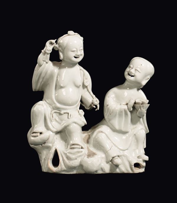 A Blanc de Chine porcelain oriental figures group, China, Qing Dynasty, 18th century