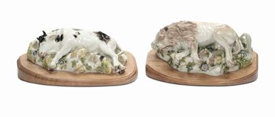 Coppia di Sculture in Porcellana Raffiguranti Leone e Bue, Meissen XVIII Secolo