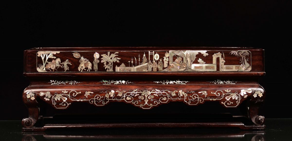 Vassoio in Legno con Intarsi in Madreperla, Canton,cina, Dinastia Qing, XIX Secolo