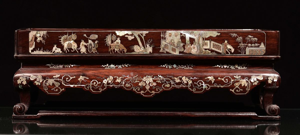 Vassoio in Legno con Intarsi in Madreperla, Canton,cina, Dinastia Qing, XIX Secolo