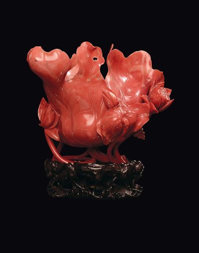 Bocciolo con Uccelli in Corallo, Cina, Dinastia Qing, Fine XIX Secolo