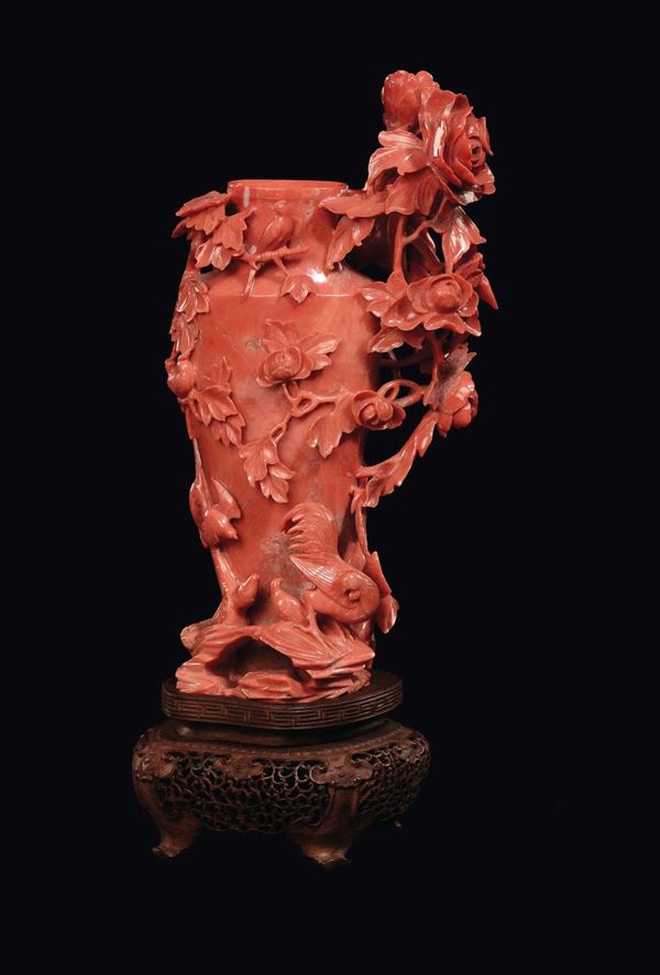 A small coral vase with flowers and various birds in relief, China, Qing Dynasty, late 19th century