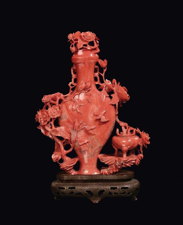 A small coral vase and cover and small cachepot with flowers, China, Qing Dynasty, late 19th century
