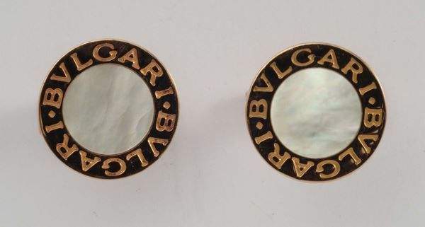 A mother of pearl and gold cufflinks. Signed Bulgari