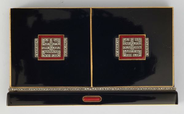 An art deco enamel and diamond vanity case. Signed Lacloche Frères