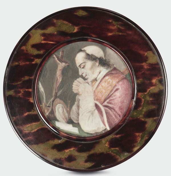 Tabacchiera in tartaruga circolare con miniatura raffigurante Pio VIII (5/4/1829-30/11/1830), Italia XIX secolo