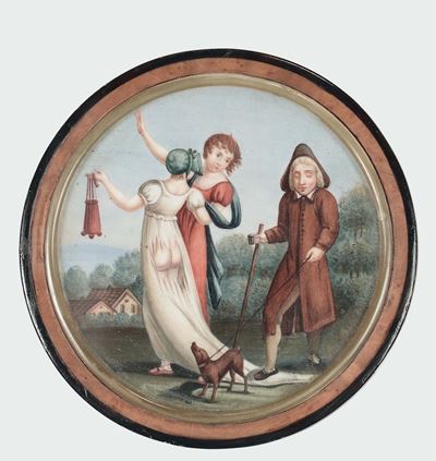 Tabacchiera Circolare in Tartaruga e Radica di Tuja con Miniatura di Scena di Genere Osè, Francia...