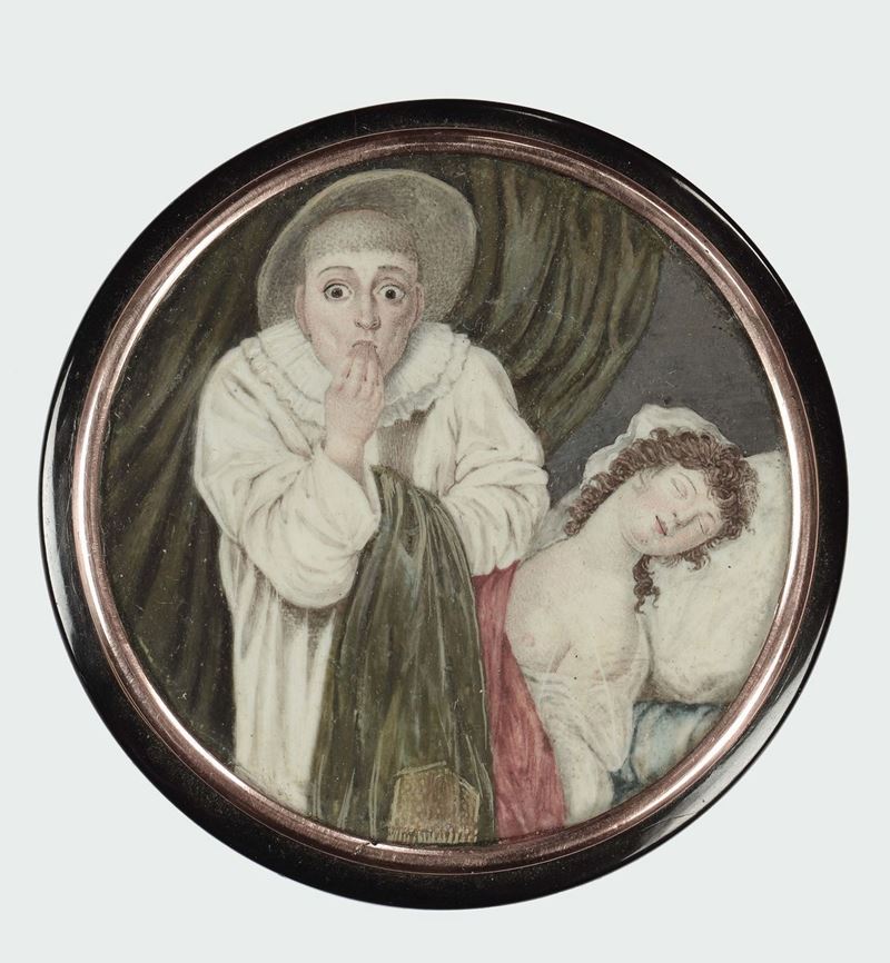 A turtle circular snuffbox with miniature within a gold frame representing a sleeping girl, Italy or France 19th century  - Auction Silver an a Filigrana Collection - II - Cambi Casa d'Aste
