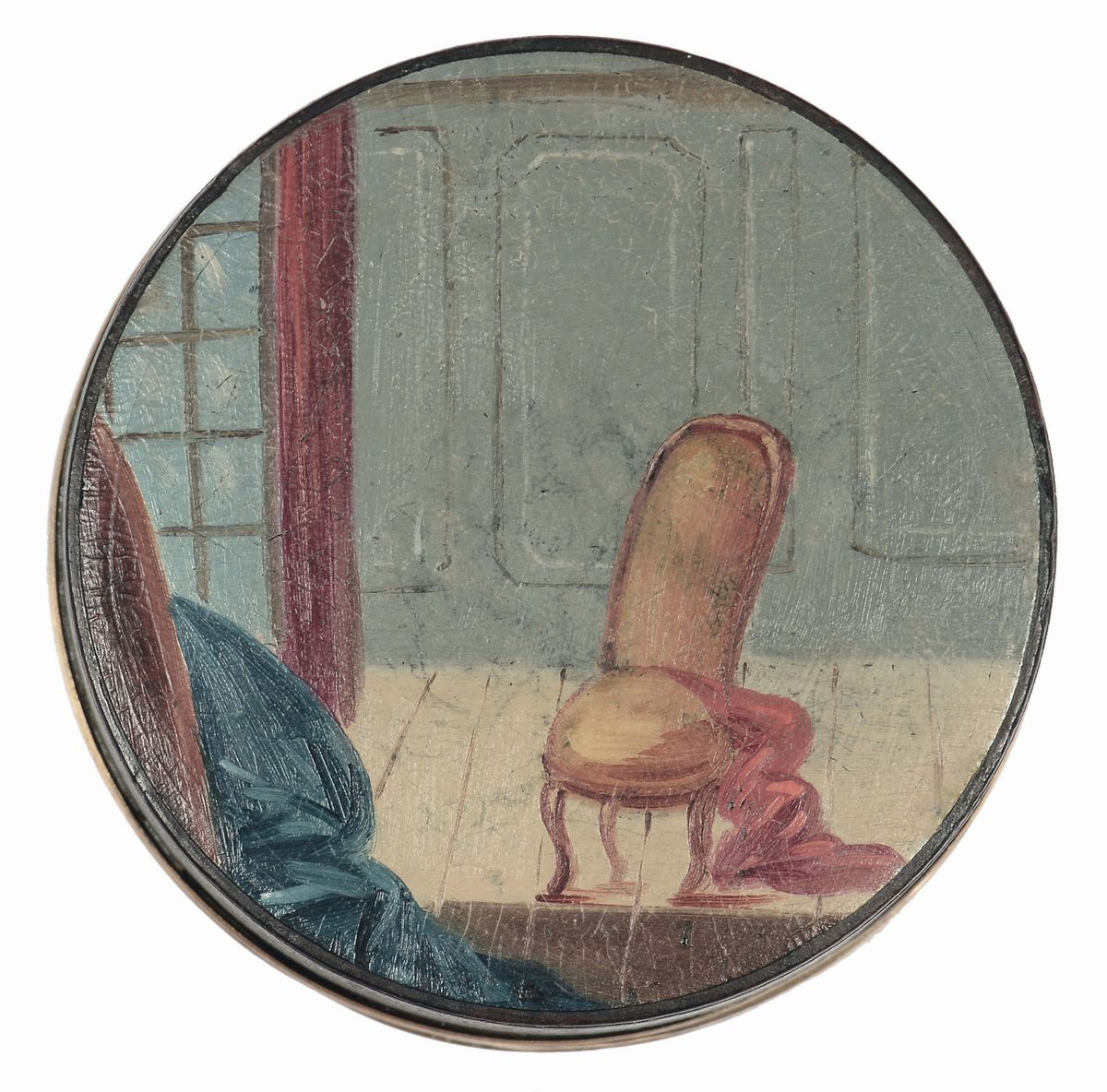 Tabacchiera Circolare in Tartaruga Laccata con Finimenti in Oro e Miniatura con Scena di Genere e...