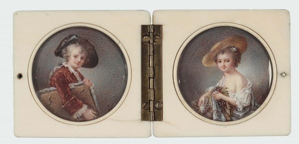Scatola portaritratti in avorio decorata a lacca con paesaggio e figure contenente miniature di fanciullo e fanciulla, Francia XIX secolo