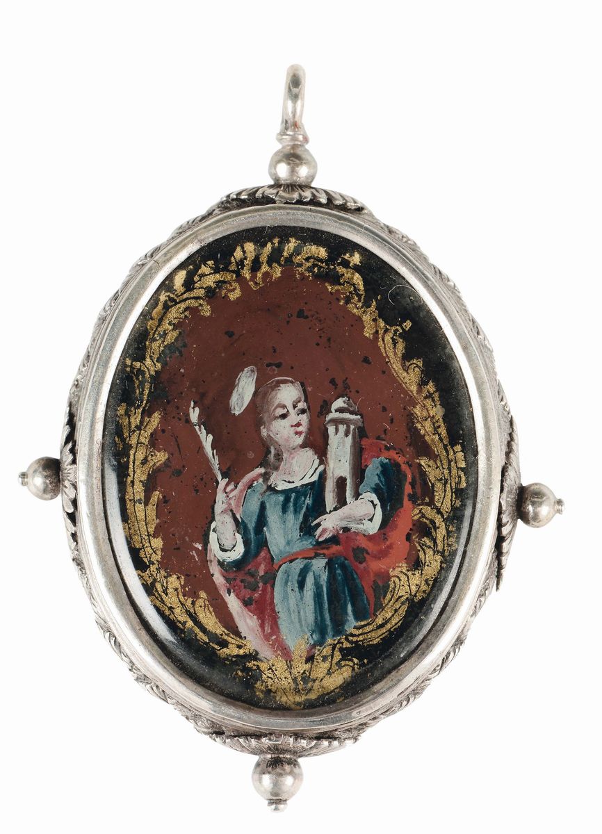 Pendente Ovale in Argento con Raffigurazioni di Santi Dipinte Sottovetro, Italia XVII Secolo