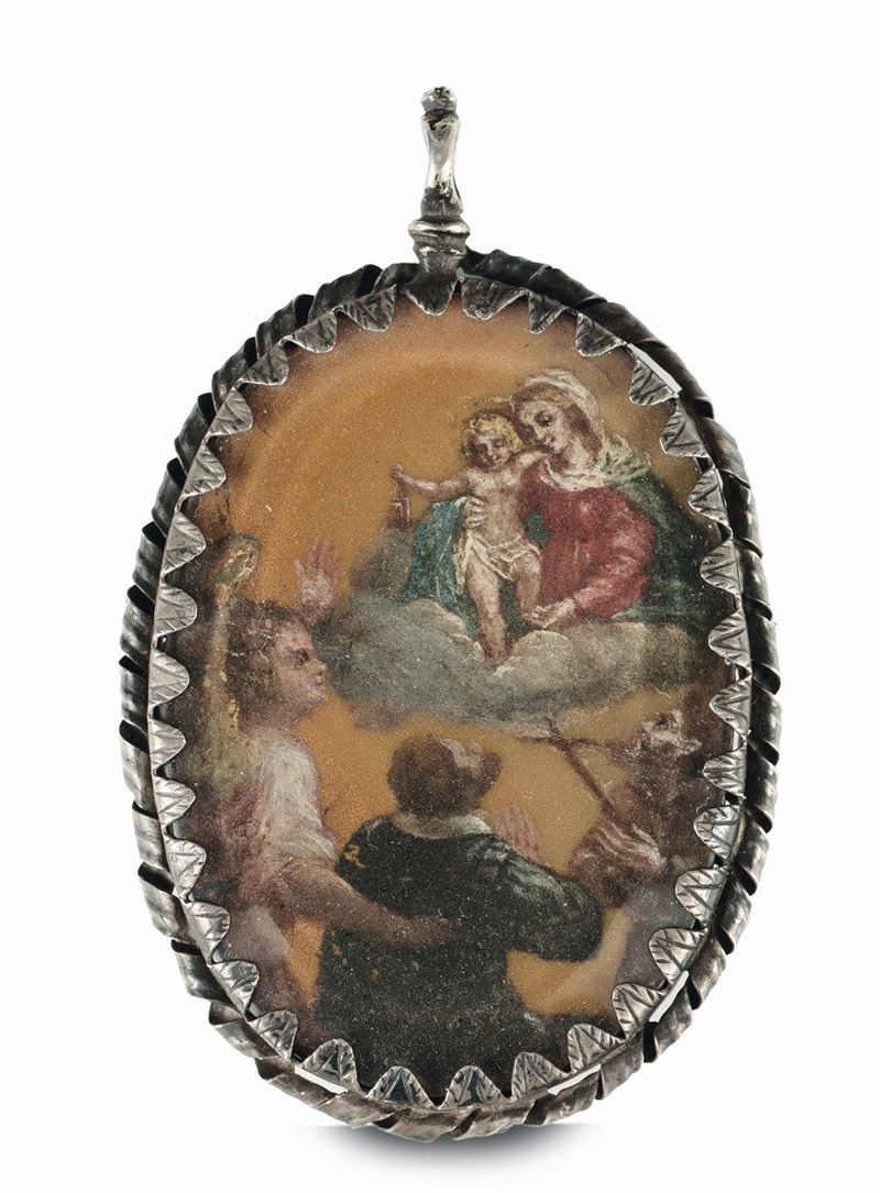 Reliquiario in cristallo di rocca con finiture in filigrana d'argento e custodia in cuoio impresso, XVIII secolo200 204...20+6  - Auction Fine Arts from refined private house - Cambi Casa d'Aste