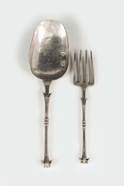 Forchetta e Cucchiaio in Argento Fuso e Sbalzato, Bolli di Napoli per il 1714 e del Console Andre...