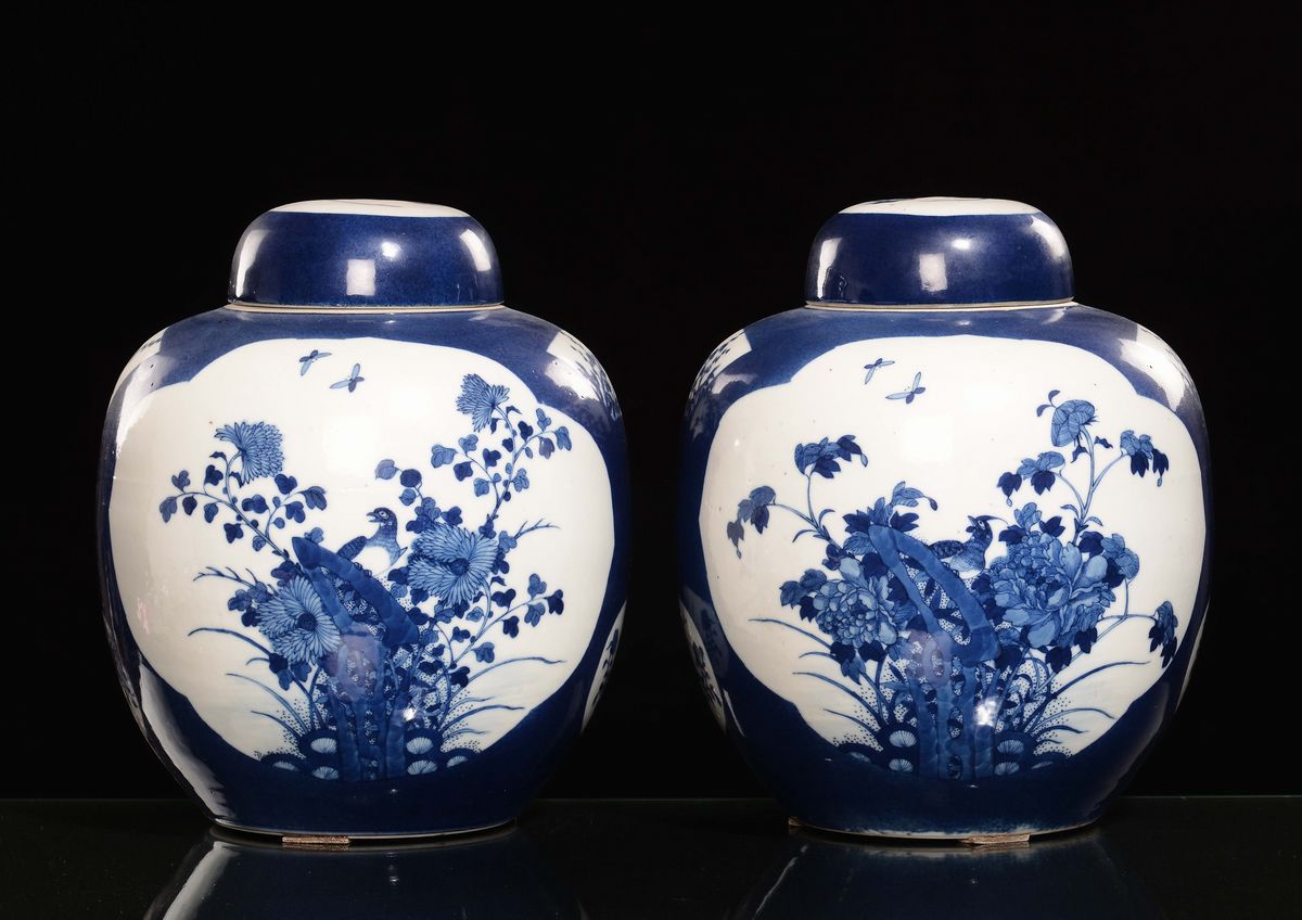 Coppia di Potiches in Porcellana Bianca e Blu a Decoro Naturalistico, Cina, Dinastia Qing, XIX Se...