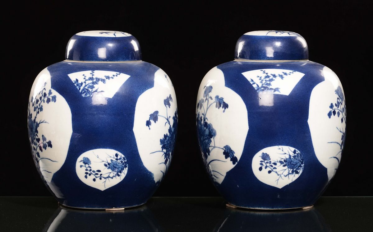 Coppia di Potiches in Porcellana Bianca e Blu a Decoro Naturalistico, Cina, Dinastia Qing, XIX Se...