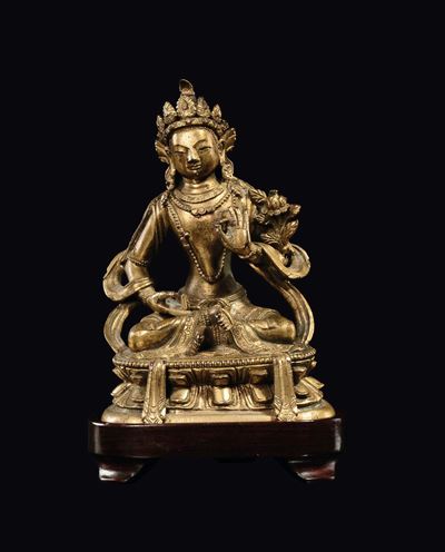 Figura di Avalokitesvara in Bronzo Dorato, Cina, Dinastia Qing, XVIII Secolo
