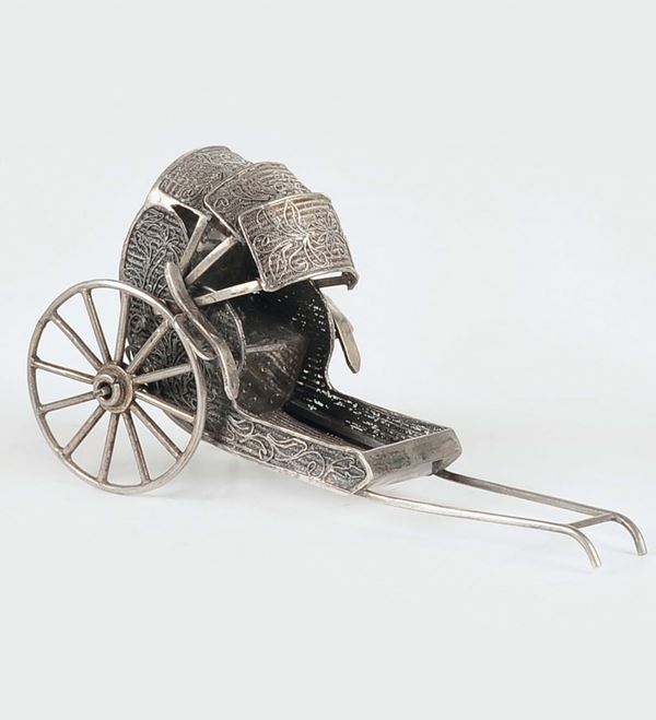 A silver and silver filigree rickshaw model, China 19th-20th century