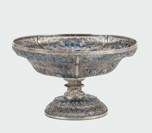 A silver filigree and polychrome glazed stand, China, 19th century