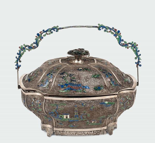 A silver filigree and polychrome glazed basket and cover, China, 19th century