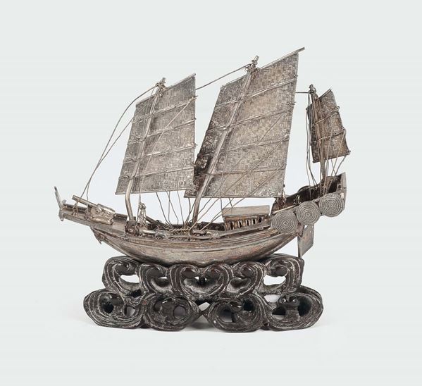 A silver filigree war ship model, China 19th century
