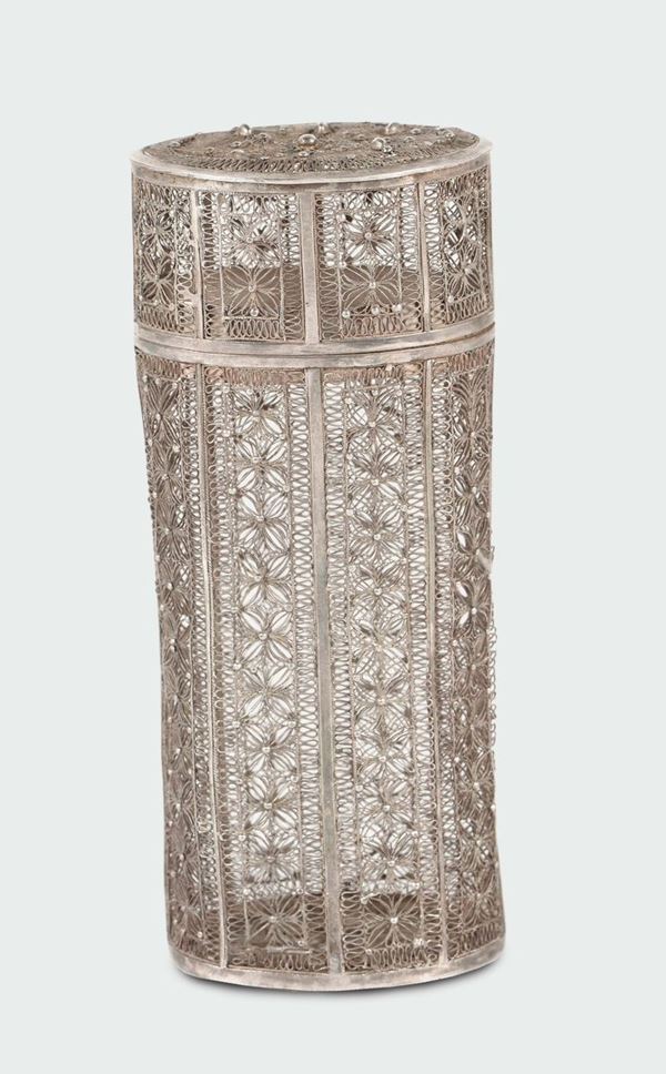 A silver filigree cylindrical card case, China, 19th century