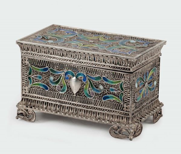 A silver filigree and polychrome enamels casket, Genoa 19th century