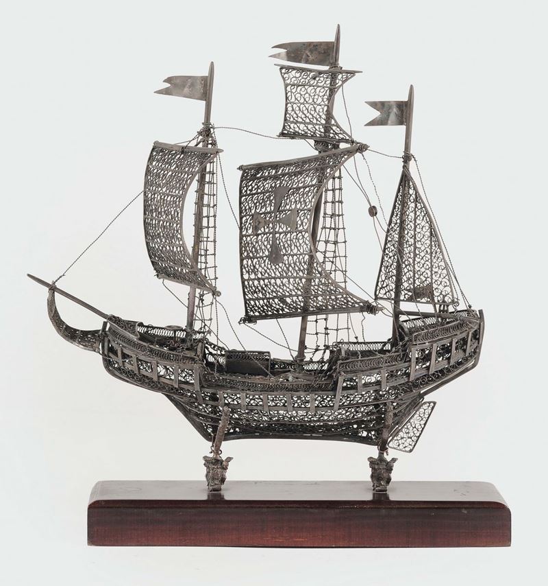 Modellino di caravella in filigrana d'argento, Genova XIX secolo  - Asta Argenti e una Collezione di Filigrane - II - Cambi Casa d'Aste