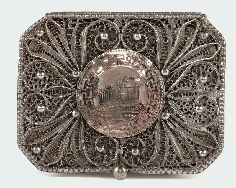 Porta cipria in filigrana d'argento e argento dorato, Grecia XIX secolo  - Asta Argenti e una Collezione di Filigrane - II - Cambi Casa d'Aste