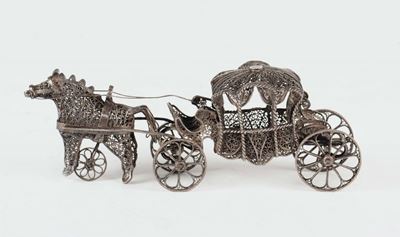 Modellino di Carrozza con Cavallo in Filigrana D'argento, Genova XIX-XX Secolo