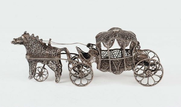 A silver filigree carriage with horse model, Genoa 19th-20th century