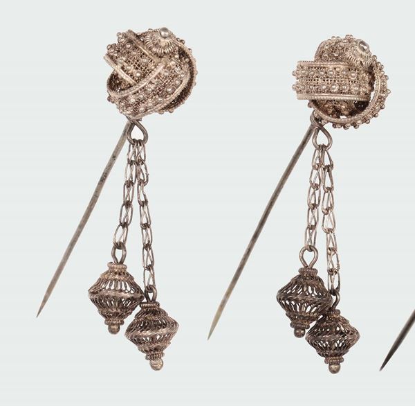 A pair of silver filigree safety pins, Genoa 19th century