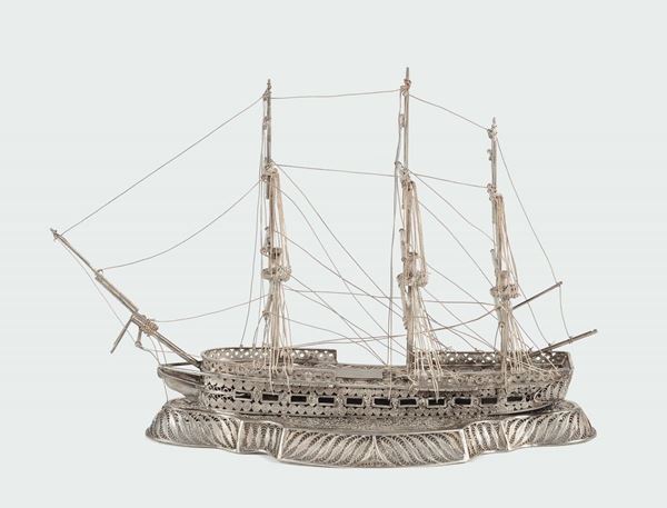 A silver filigree war sailer model, Genoa 19th century
