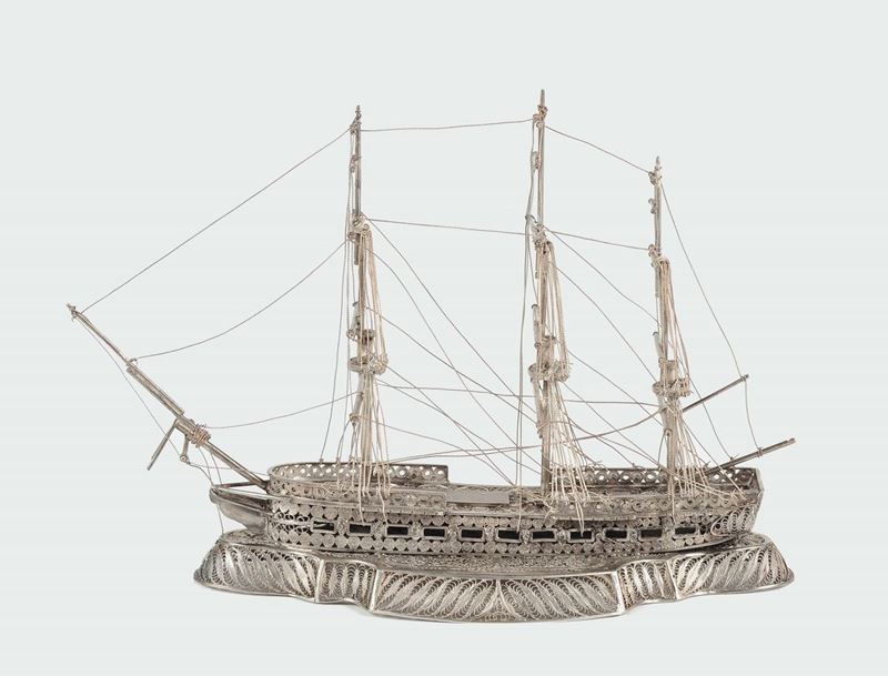 A silver filigree war sailer model, Genoa 19th century  - Auction Silver an a Filigrana Collection - II - Cambi Casa d'Aste