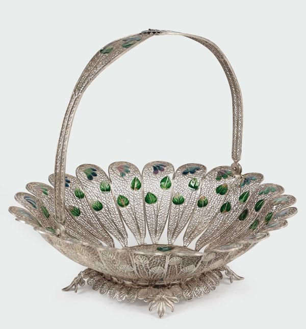 A silver filigree and polychrome enamels handled basket, Genoa 20th century