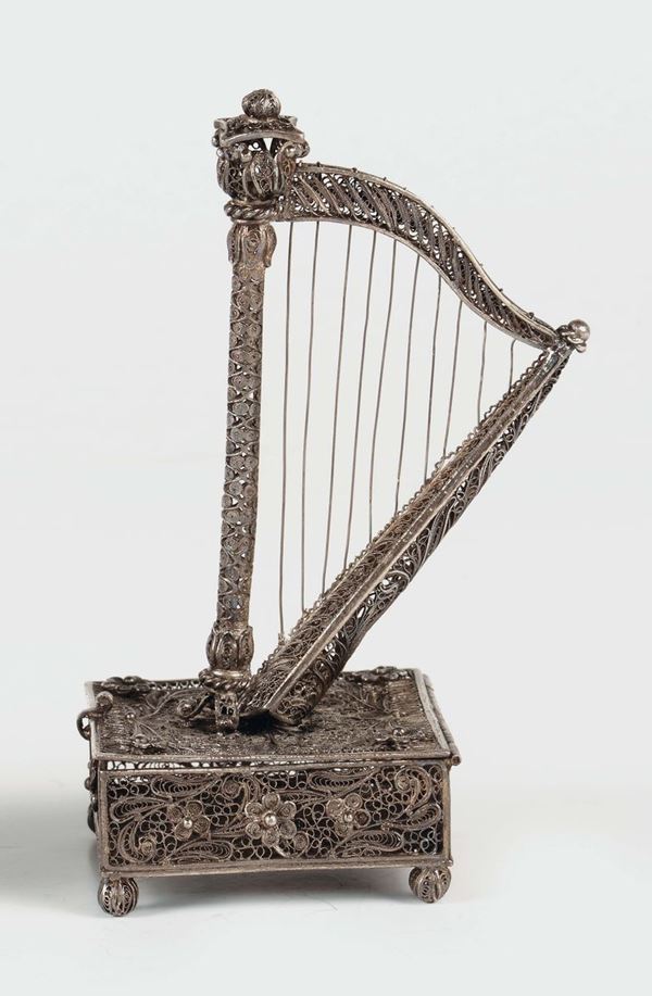 A silver filigree harp model, Genoa 20th century