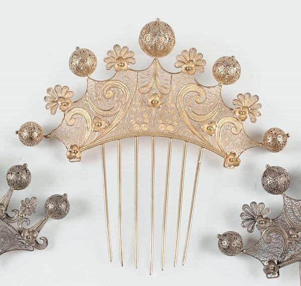 A gilt silver filigree pair of hairpins, Genoa 19th century