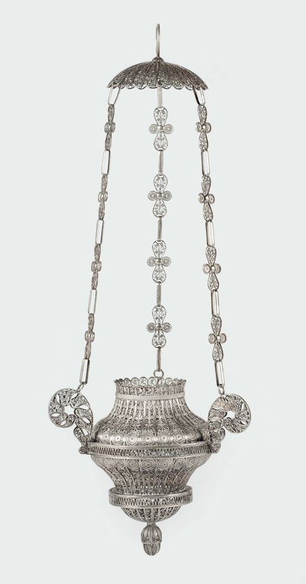 Modello di lampada votiva pensile in filigrana d'argento, Genova XVIII secolo