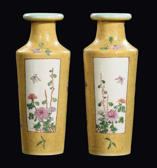 Coppia di vas in porcellana Famiglia Rosa a fondo giallo con riserve a soggetto naturalistico, Cina, Repubblica, XX secolo