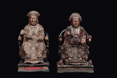 Coppia di Imperatori in Legno su Trono, Cina, Dinastia Ming, XVII Secolo