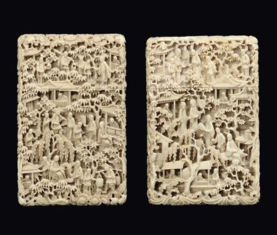 Coppia di Portabiglietti in Avorio Finemente Incisi, Canton, Cina, Dinastia Qing, Fine XIX Secolo
