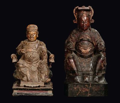 Due Dignitari in Trono in Legno, Cina, Dinastia Ming, XVII Secolo